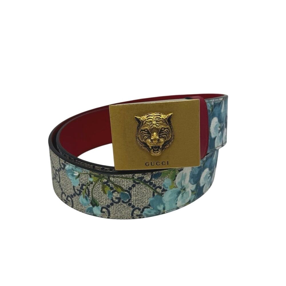 Gucci Blooms GG Supreme Belt Tiger Buckle Floral Canvas Red Leather 90/36 - Picture 3 of 7